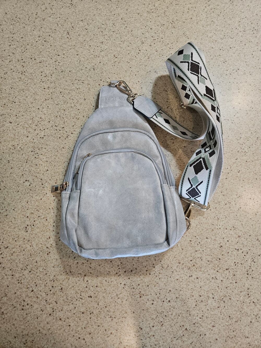 Jory Rebecca Vegan Leather Crossbody Sling Bag in Cloud Gray w/ Patterned Strap